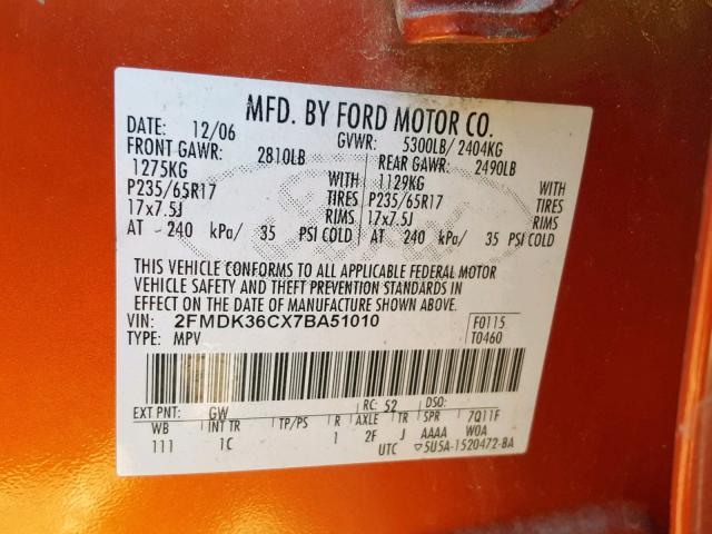 2FMDK36CX7BA51010 - 2007 FORD EDGE SE ORANGE photo 10