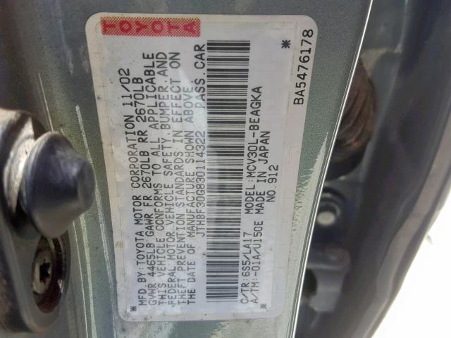 JTHBF30G830114322 - 2003 LEXUS ES 300 SILVER photo 10