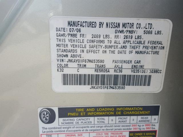 JNKAY01F67M453590 - 2007 INFINITI M35 BASE SILVER photo 10