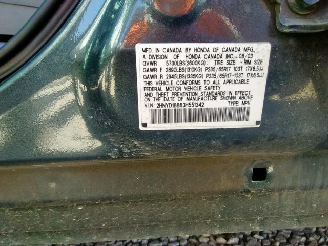 2HNYD18863H551342 - 2003 ACURA MDX TOURIN GREEN photo 10