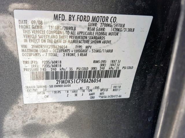 2FMDK51C79BA26054 - 2009 FORD FLEX SE GRAY photo 10