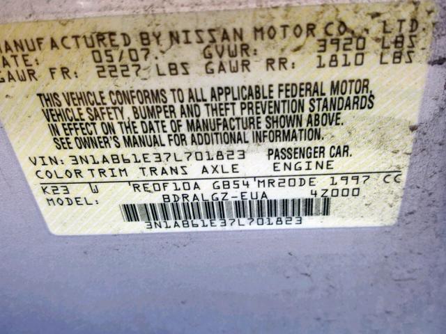 3N1AB61E37L701823 - 2007 NISSAN SENTRA 2.0 SILVER photo 10