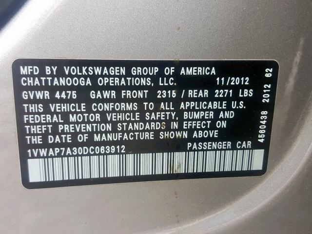 1VWAP7A30DC063912 - 2013 VOLKSWAGEN PASSAT S SILVER photo 10