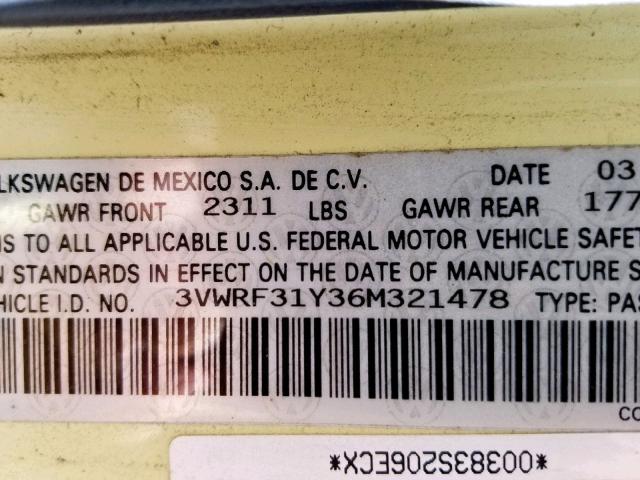 3VWRF31Y36M321478 - 2006 VOLKSWAGEN NEW BEETLE Sarı foto 10