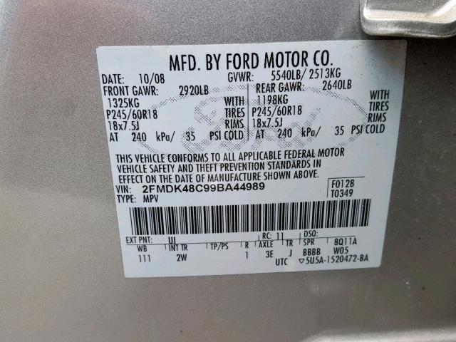 2FMDK48C99BA44989 - 2009 FORD EDGE SEL BLUE photo 10