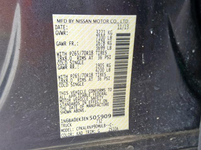 1N6BA0EK3EN505909 - 2014 NISSAN TITAN S GRAY photo 10