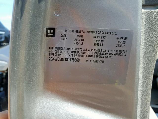 2G4WC582181178368 - 2008 BUICK LACROSSE C SILVER photo 10