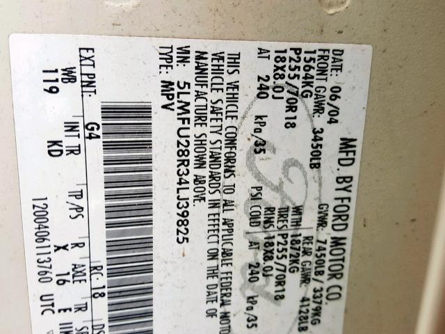 5LMFU28R34LJ39825 - 2004 LINCOLN NAVIGATOR 白色 照片 10