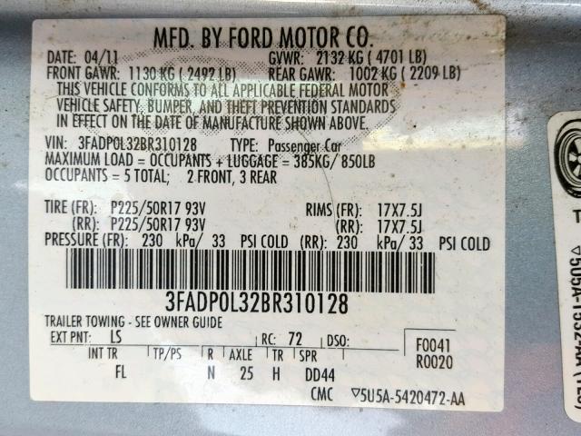 3FADP0L32BR310128 - 2011 FORD FUSION HYB BLUE photo 10