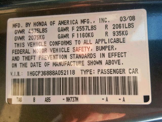 1HGCP36888A052118 - 2008 HONDA ACCORD EXL GRAY photo 10