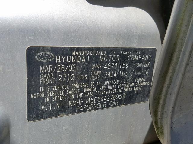 KMHFU45E84A278957 - 2004 HYUNDAI XG 350 GRAY photo 10