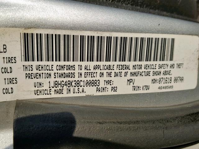 1J8HG48K38C100883 - 2008 JEEP COMMANDER SILVER photo 10