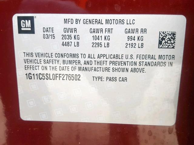 1G11C5SL0FF276502 - 2015 CHEVROLET MALIBU 1LT MAROON photo 10