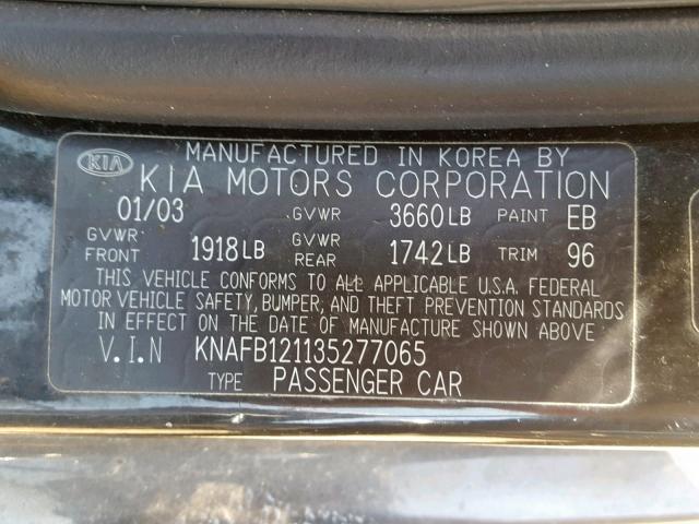 KNAFB121135277065 - 2003 KIA SPECTRA BA BLACK photo 10