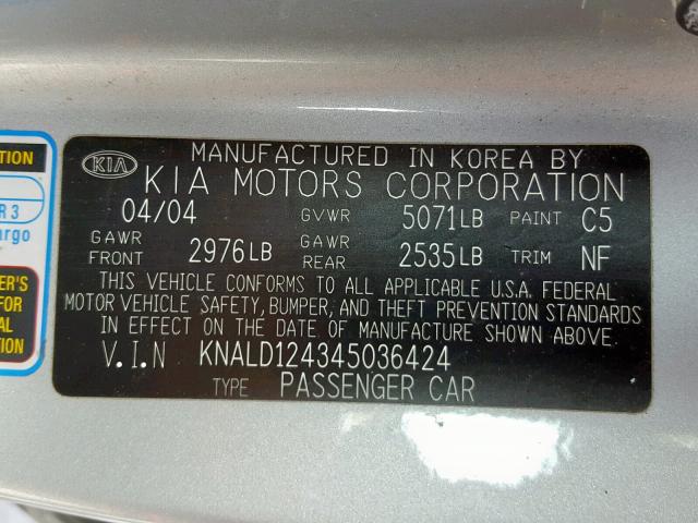 KNALD124345036424 - 2004 KIA AMANTI GRAY photo 10