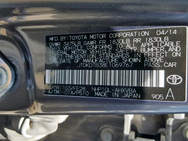 JTDKDTB38E1069767 - 2014 TOYOTA PRIUS C GRAY photo 10