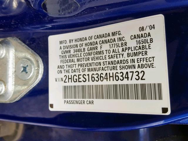 2HGES16364H634732 - 2004 HONDA CIVIC DX V BLUE photo 10