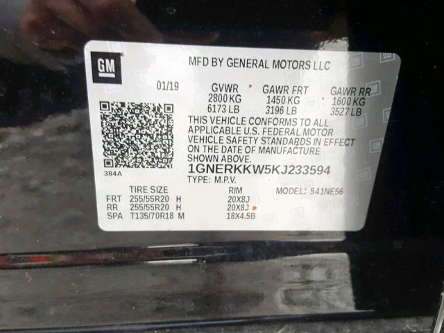 1GNERKKW5KJ233594 - 2019 CHEVROLET TRAVERSE P BLACK photo 10