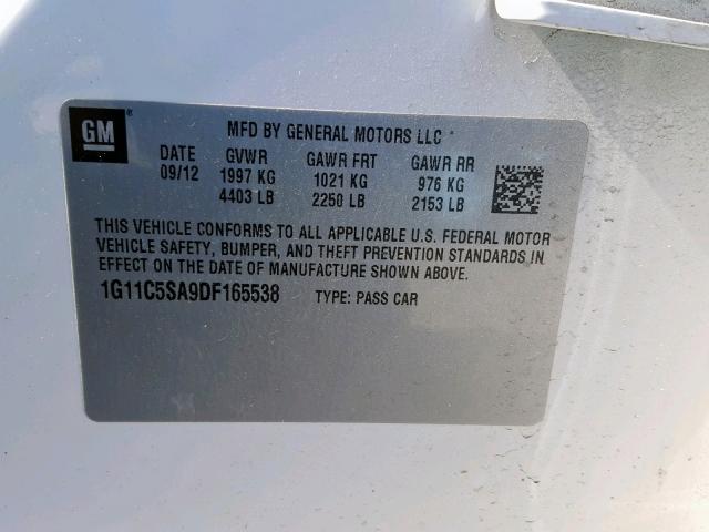 1G11C5SA9DF165538 - 2013 CHEVROLET MALIBU 1LT 白色 照片 10