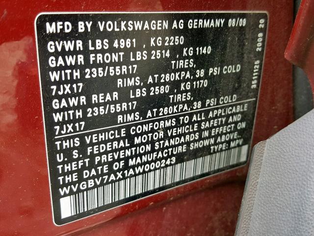 WVGBV7AX1AW000243 - 2010 VOLKSWAGEN TIGUAN SE RED photo 10