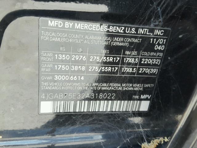 4JGAB75E32A318022 - 2002 MERCEDES-BENZ ML 500 BLACK photo 10