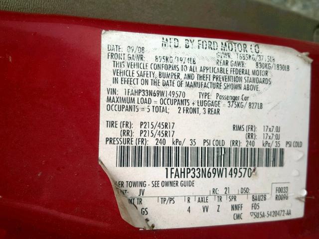 1FAHP33N69W149570 - 2009 FORD FOCUS SES RED photo 10