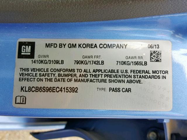 KL8CB6S96EC415392 - 2014 CHEVROLET SPARK LS BLUE photo 10