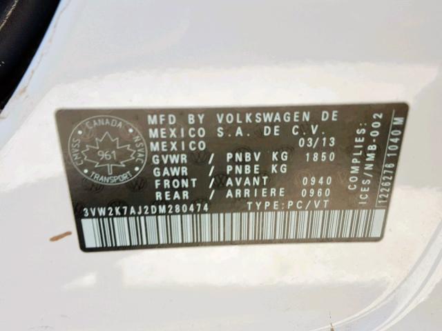 3VW2K7AJ2DM280474 - 2013 VOLKSWAGEN JETTA BASE WHITE photo 10