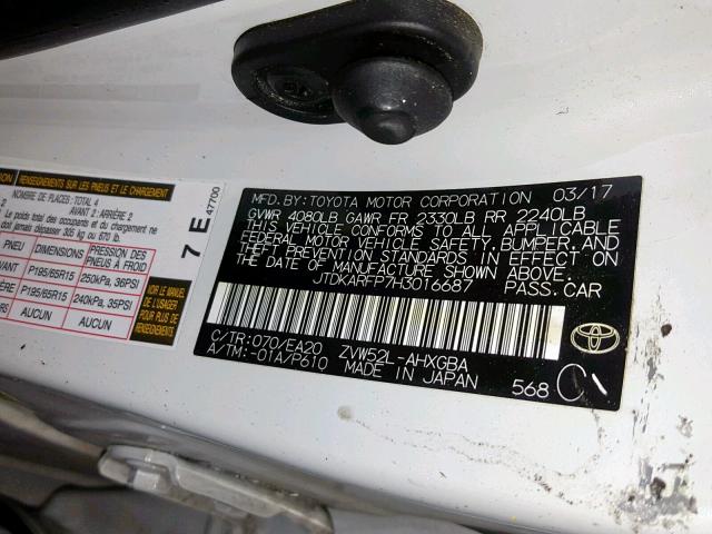 JTDKARFP7H3016687 - 2017 TOYOTA PRIUS PRIM 白色 照片 10