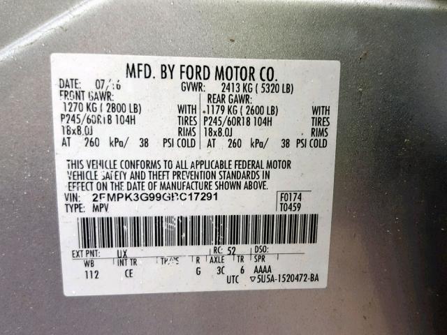 2FMPK3G99GBC17291 - 2016 FORD EDGE SE SILVER photo 10