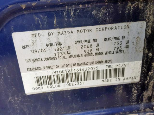 JM1BK12F161432075 - 2006 MAZDA 3 I BLUE photo 10