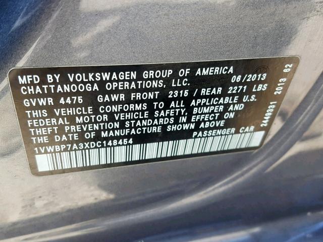 1VWBP7A3XDC148454 - 2013 VOLKSWAGEN PASSAT SE GRAY photo 10