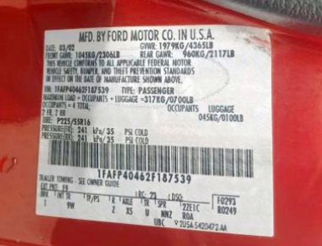 1FAFP40462F187539 - 2002 FORD MUSTANG RED photo 10