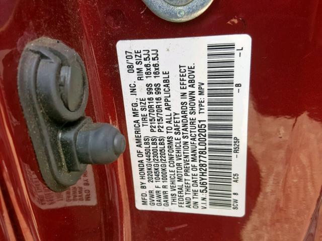 5J6YH28778L002051 - 2008 HONDA ELEMENT EX RED photo 10