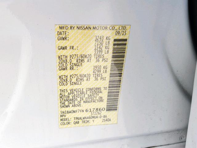 5N1BA0NF7FN617860 - 2015 NISSAN ARMADA PLA WHITE photo 10