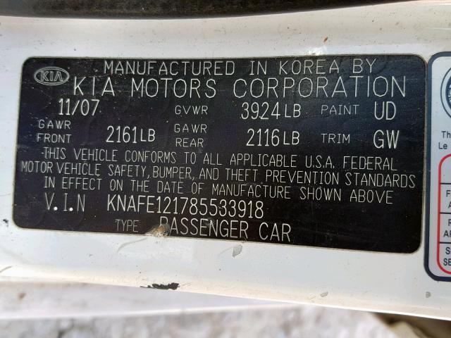 KNAFE121785533918 - 2008 KIA SPECTRA EX WHITE photo 10