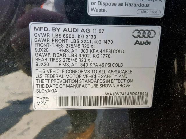 WA1BV74L48D035419 - 2008 AUDI Q7 4.2 QUA BLACK photo 10