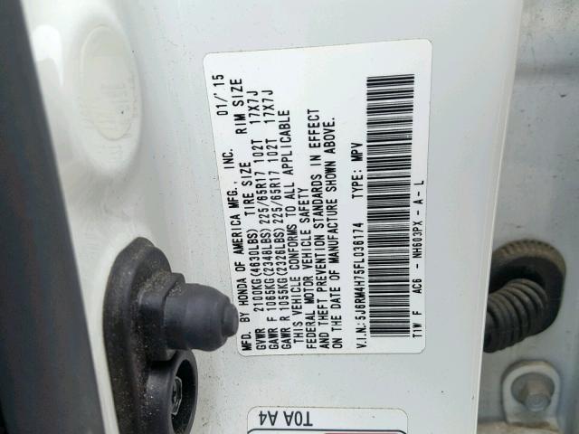 5J6RM4H75FL036174 - 2015 HONDA CR-V EXL WHITE photo 10