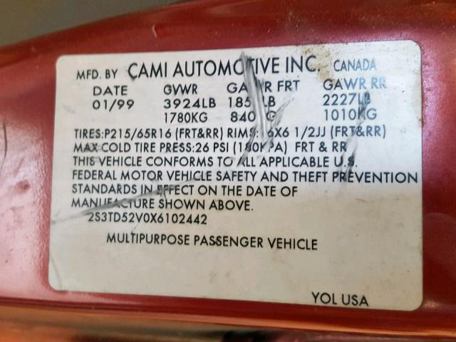 2S3TD52V0X6102442 - 1999 SUZUKI VITARA JX RED photo 10