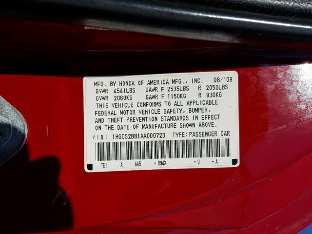 1HGCS2B81AA000723 - 2010 HONDA ACCORD EXL RED photo 10