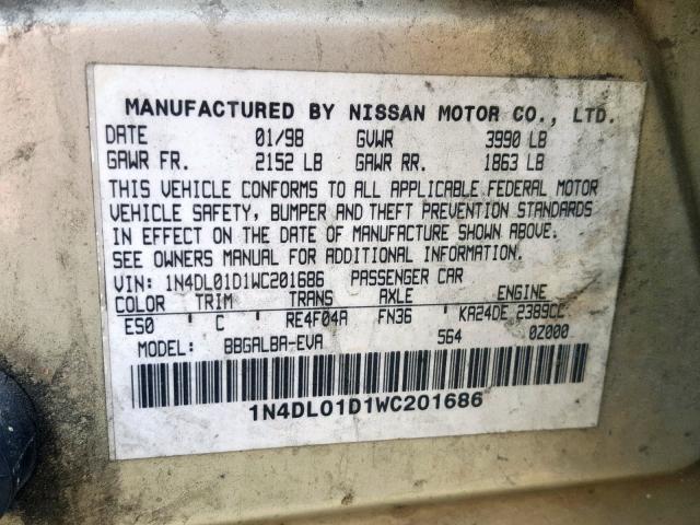 1N4DL01D1WC201686 - 1998 NISSAN ALTIMA XE TAN photo 10