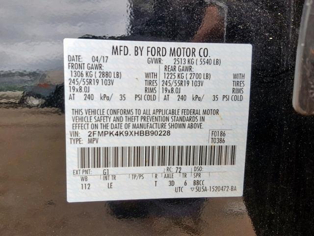 2FMPK4K9XHBB90228 - 2017 FORD EDGE TITAN BLACK photo 10