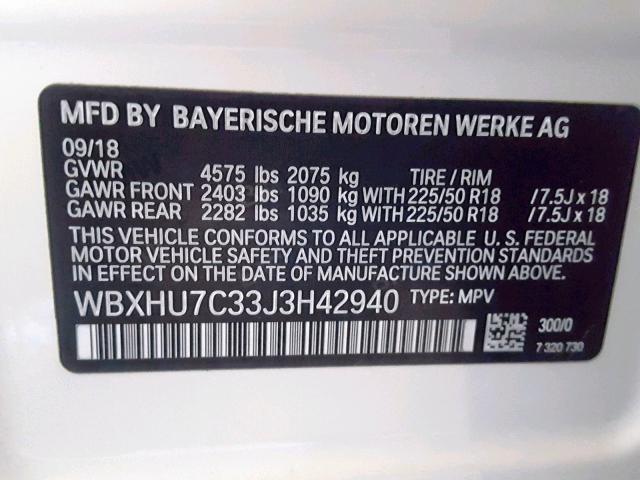 WBXHU7C33J3H42940 - 2018 BMW X1 SDRIVE2 WHITE photo 10