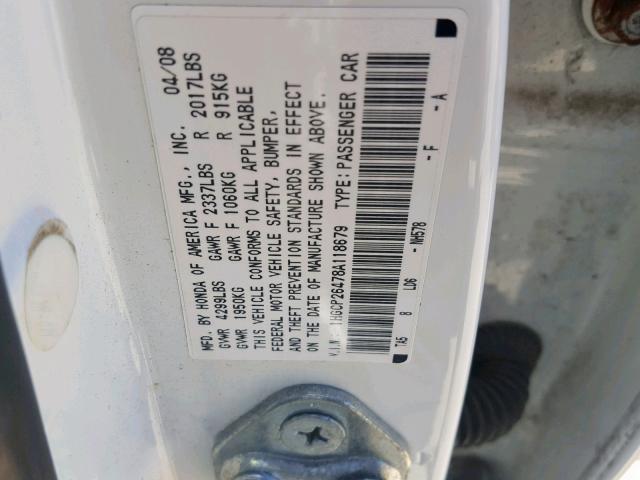 1HGCP26478A118679 - 2008 HONDA ACCORD LXP WHITE photo 10