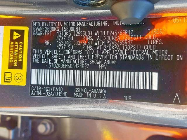 5TDZK3EH5DS121627 - 2013 TOYOTA HIGHLANDER GRAY photo 10