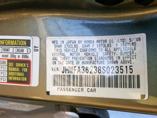 JHMFA36238S023515 - 2008 HONDA CIVIC HYBR GRAY photo 10