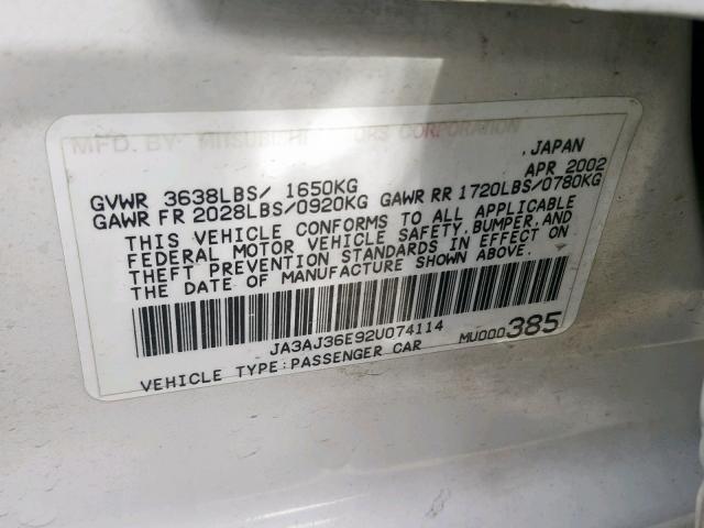 JA3AJ36E92U074114 - 2002 MITSUBISHI LANCER WHITE photo 10