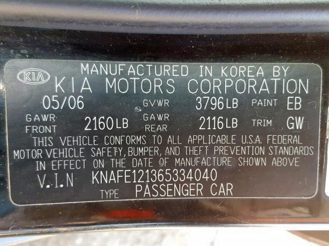 KNAFE121365334040 - 2006 KIA NEW SPECTR BLACK photo 10