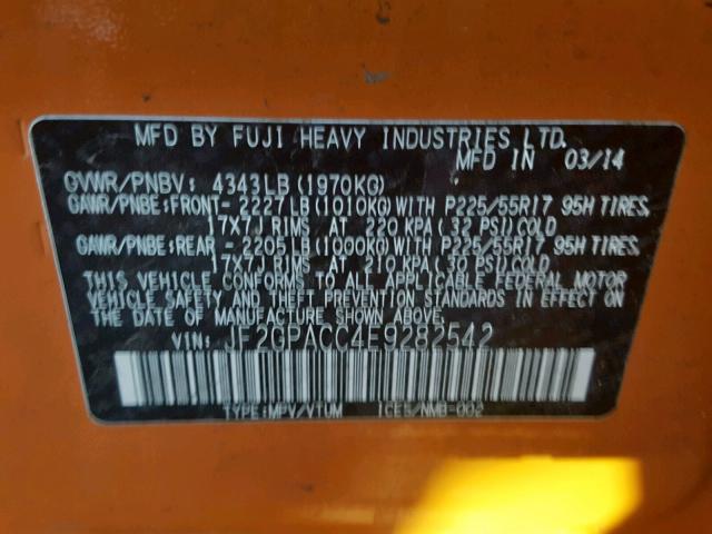 JF2GPACC4E9282542 - 2014 SUBARU XV CROSSTR ORANGE photo 10