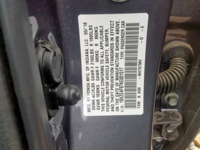 19XZE4F97KE001517 - 2019 HONDA INSIGHT TO CHARCOAL photo 10